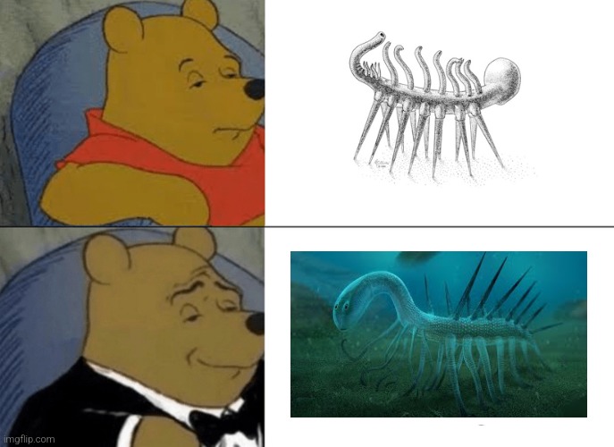 We getting confused by scientists with this cambrian chad | image tagged in memes,tuxedo winnie the pooh,hallucigenia,science,paleomemes | made w/ Imgflip meme maker