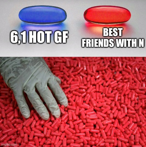 Blue or red pill | 6,1 HOT GF; BEST FRIENDS WITH N | image tagged in blue or red pill | made w/ Imgflip meme maker