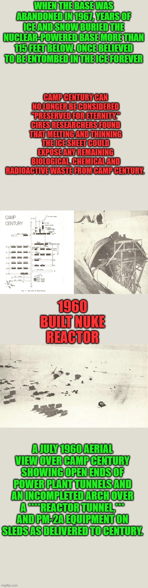 Our Gov. is full of surprises.Biological Wheres Fauci ? | WHEN THE BASE WAS ABANDONED IN 1967, YEARS OF ICE AND SNOW BURIED THE NUCLEAR-POWERED BASE MORE THAN 115 FEET BELOW. ONCE BELIEVED TO BE ENTOMBED IN THE ICE FOREVER; CAMP CENTURY CAN NO LONGER BE CONSIDERED "PRESERVED FOR ETERNITY." CIRES RESEARCHERS FOUND THAT MELTING AND THINNING THE ICE SHEET COULD EXPOSE ANY REMAINING BIOLOGICAL, CHEMICAL AND RADIOACTIVE WASTE FROM CAMP CENTURY. 1960 BUILT NUKE REACTOR; A JULY 1960 AERIAL VIEW OVER CAMP CENTURY SHOWING OPEN ENDS OF POWER PLANT TUNNELS AND AN INCOMPLETED ARCH OVER A ****REACTOR TUNNEL,*** AND PM-2A EQUIPMENT ON SLEDS AS DELIVERED TO CENTURY. | made w/ Imgflip meme maker