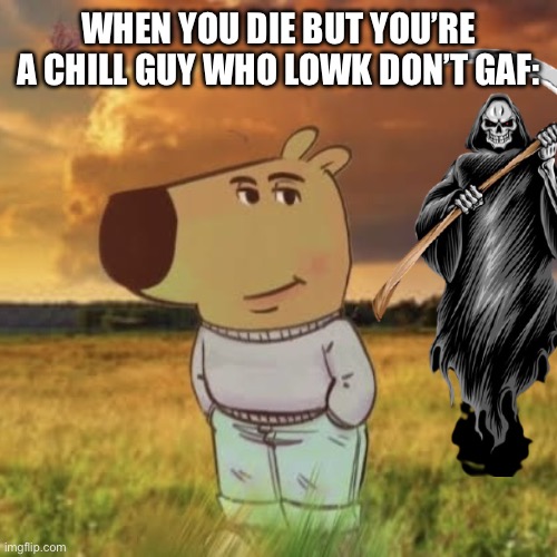 chill guy fr | WHEN YOU DIE BUT YOU’RE A CHILL GUY WHO LOWK DON’T GAF: | image tagged in chill guy | made w/ Imgflip meme maker