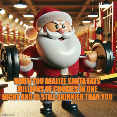 Santa funny memes | WHEN YOU REALIZE SANTA EATS MILLIONS OF COOKIES IN ONE NIGHT AND IS STILL SKINNIER THAN YOU | image tagged in santa claus | made w/ Imgflip meme maker