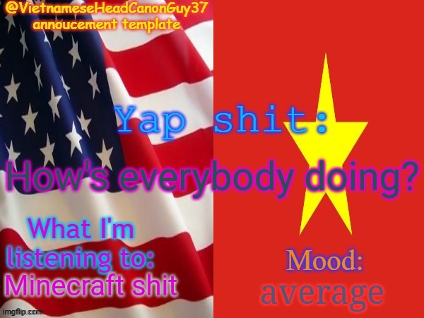 E | How's everybody doing? Minecraft shit; average | image tagged in vietnameseheadcanonguy37s annoucement template,memes,msmg | made w/ Imgflip meme maker