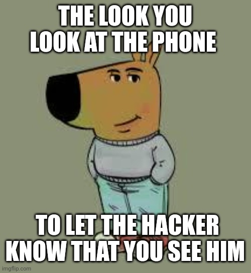 low key just a chill guy | THE LOOK YOU LOOK AT THE PHONE; TO LET THE HACKER KNOW THAT YOU SEE HIM | image tagged in low key just a chill guy | made w/ Imgflip meme maker