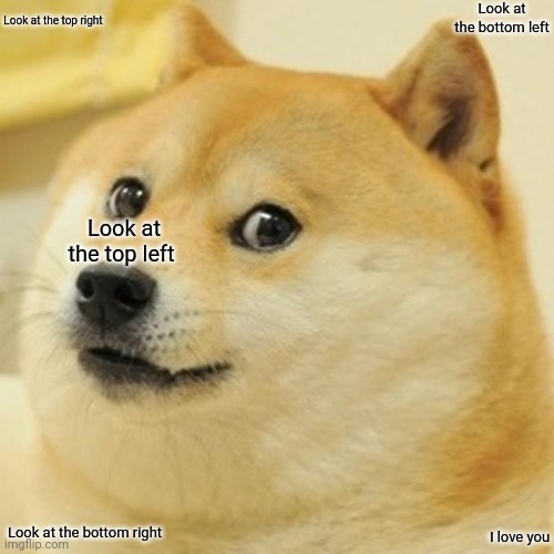 Doge | Look at the bottom left; Look at the top right; Look at the top left; Look at the bottom right; I love you | image tagged in memes,doge | made w/ Imgflip meme maker