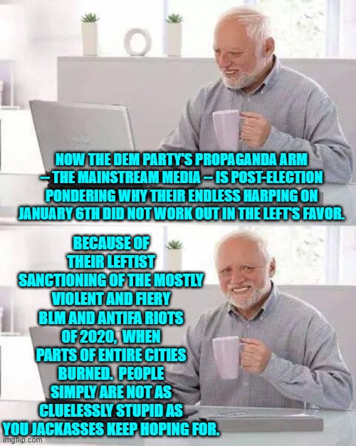 2024 can be deemed "The election in which huge segments of the nation awakened." | BECAUSE OF THEIR LEFTIST SANCTIONING OF THE MOSTLY VIOLENT AND FIERY BLM AND ANTIFA RIOTS OF 2020,  WHEN PARTS OF ENTIRE CITIES BURNED.  PEOPLE SIMPLY ARE NOT AS CLUELESSLY STUPID AS YOU JACKASSES KEEP HOPING FOR. NOW THE DEM PARTY'S PROPAGANDA ARM -- THE MAINSTREAM MEDIA -- IS POST-ELECTION PONDERING WHY THEIR ENDLESS HARPING ON JANUARY 6TH DID NOT WORK OUT IN THE LEFT'S FAVOR. | image tagged in hide the pain harold | made w/ Imgflip meme maker