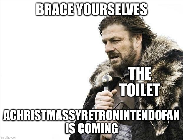 Brace Yourselves X is Coming Meme | BRACE YOURSELVES ACHRISTMASSYRETRONINTENDOFAN IS COMING THE TOILET | image tagged in memes,brace yourselves x is coming | made w/ Imgflip meme maker