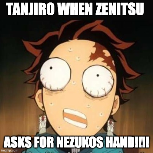 Demon Slayer Tanjiro shocked | TANJIRO WHEN ZENITSU; ASKS FOR NEZUKOS HAND!!!! | image tagged in demon slayer tanjiro shocked | made w/ Imgflip meme maker