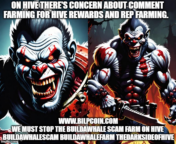 ON HIVE THERE'S CONCERN ABOUT COMMENT FARMING FOR HIVE REWARDS AND REP FARMING. WWW.BILPCOIN.COM

WE MUST STOP THE BUILDAWHALE SCAM FARM ON HIVE 

BUILDAWHALESCAM BUILDAWHALEFARM THEDARKSIDEOFHIVE | made w/ Imgflip meme maker