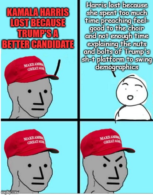 Claim "landslide" all you want but reality is Trump just barely won the election soooo... yeah, overwhelming mandate my a--. | Harris lost because
she spent too much
time preaching feel-
good to the choir
and not enough time
explaining the nuts
and bolts of Trump's
sh-t platform to swing
demographics; KAMALA HARRIS LOST BECAUSE TRUMP'S A BETTER CANDIDATE | image tagged in maga npc room for more text,trump,liar liar pants on fire | made w/ Imgflip meme maker