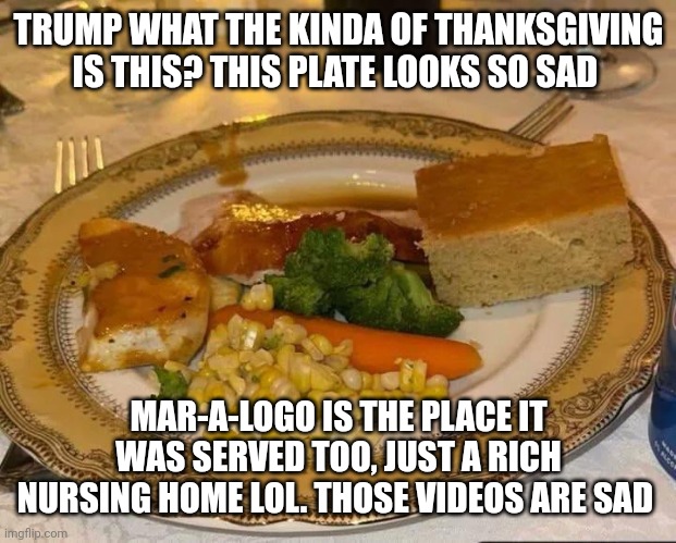 Sad thanksgiving | TRUMP WHAT THE KINDA OF THANKSGIVING IS THIS? THIS PLATE LOOKS SO SAD; MAR-A-LOGO IS THE PLACE IT WAS SERVED TOO, JUST A RICH NURSING HOME LOL. THOSE VIDEOS ARE SAD | image tagged in trump,thanksgiving dinner | made w/ Imgflip meme maker