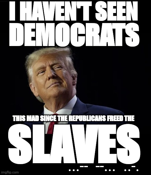 Mad Democrats | I HAVEN'T SEEN; DEMOCRATS; THIS MAD SINCE THE REPUBLICANS FREED THE; SLAVES; ...--  --...  ..-. | made w/ Imgflip meme maker