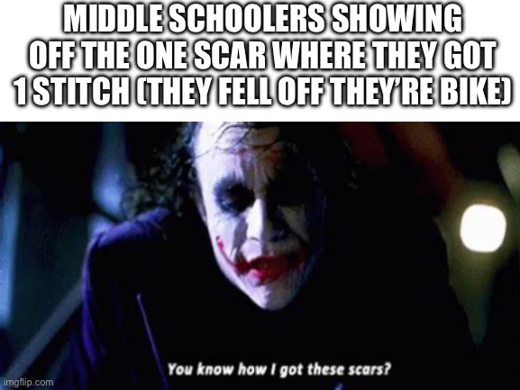 The Joker | MIDDLE SCHOOLERS SHOWING OFF THE ONE SCAR WHERE THEY GOT 1 STITCH (THEY FELL OFF THEY’RE BIKE) | image tagged in blank white template,school | made w/ Imgflip meme maker