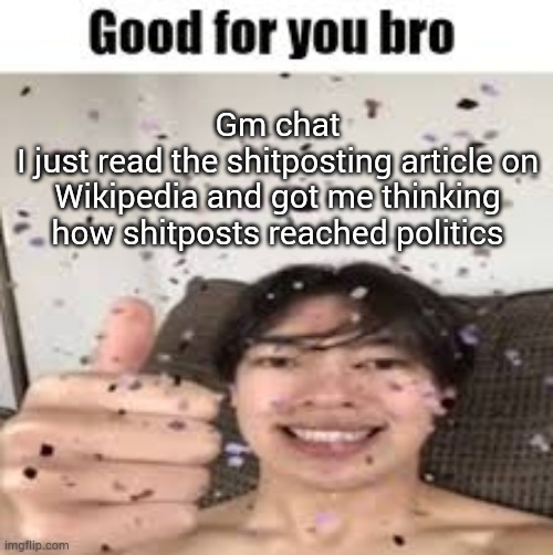 Good for you bro (Iraqi_Randomizer temp) | Gm chat
I just read the shitposting article on Wikipedia and got me thinking how shitposts reached politics | image tagged in good for you bro | made w/ Imgflip meme maker