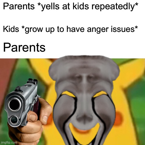 Surprised Pikachu Meme | Parents *yells at kids repeatedly*; Kids *grow up to have anger issues*; Parents | image tagged in memes,surprised pikachu | made w/ Imgflip meme maker