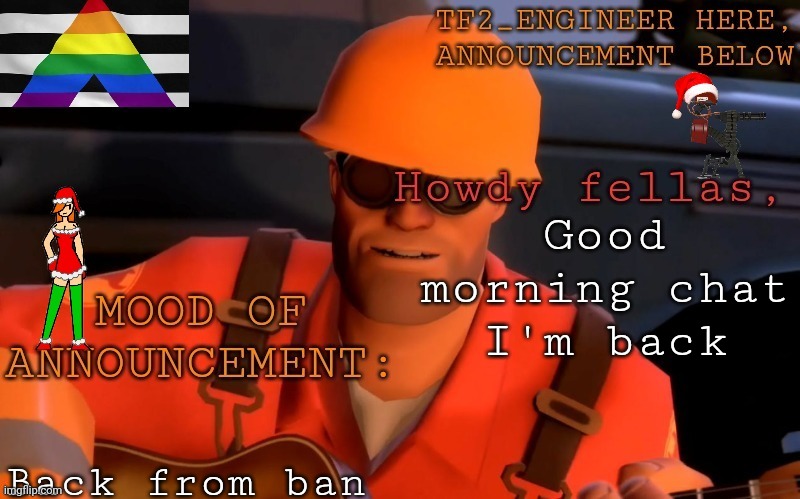 Back from comment ban | Good morning chat I'm back; Back from ban | image tagged in tf2_engineer's festivized announcement template | made w/ Imgflip meme maker