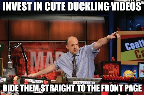 Mad Money Jim Cramer | INVEST IN CUTE DUCKLING VIDEOS RIDE THEM STRAIGHT TO THE FRONT PAGE | image tagged in memes,mad money jim cramer,AdviceAnimals | made w/ Imgflip meme maker