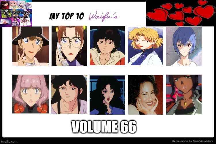 top 10 waifus volume 66 | VOLUME 66 | image tagged in top 10 waifus,order 66,anime,movies,neon genesis evangelion,cats | made w/ Imgflip meme maker