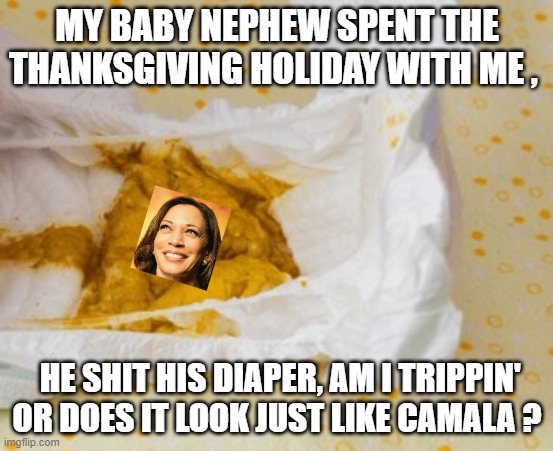 its a corny joke.. | MY BABY NEPHEW SPENT THE THANKSGIVING HOLIDAY WITH ME , HE SHIT HIS DIAPER, AM I TRIPPIN' OR DOES IT LOOK JUST LIKE CAMALA ? | image tagged in funny memes,kamala harris,political humor,political meme,donald trump approves,stupid liberals | made w/ Imgflip meme maker