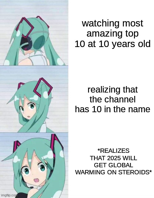 Miku realizes the truth | watching most amazing top 10 at 10 years old; realizing that the channel has 10 in the name; *REALIZES THAT 2025 WILL GET GLOBAL WARMING ON STEROIDS* | image tagged in hatsune miku reaction meme | made w/ Imgflip meme maker