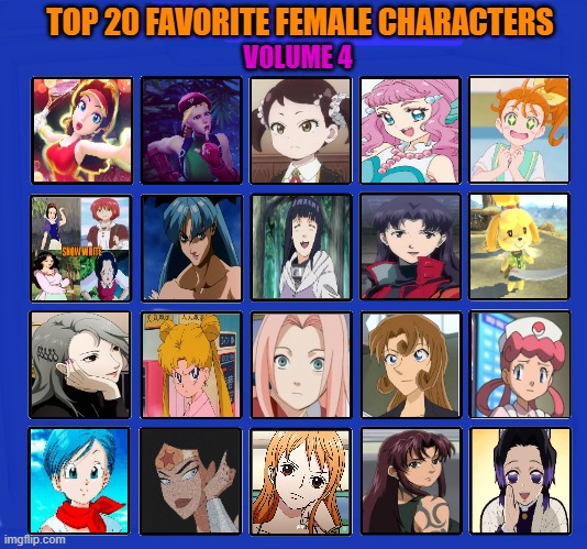 top 20 favorite female characters volume 4 | TOP 20 FAVORITE FEMALE CHARACTERS; VOLUME 4 | image tagged in top 20 favorite female characters,anime,videogames,comics/cartoons,the big 3,princesses | made w/ Imgflip meme maker