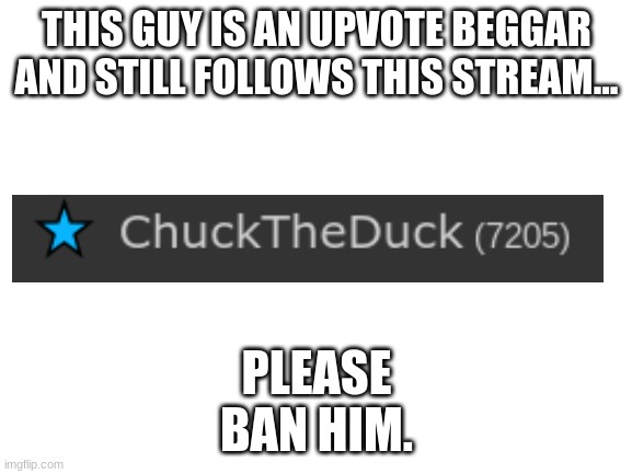 PLEASE BAN THIS UPVOTE BEGGAR | THIS GUY IS AN UPVOTE BEGGAR AND STILL FOLLOWS THIS STREAM... PLEASE BAN HIM. | image tagged in chucktheduck,chuck the duck,ban him,upvote beggar,rule breaker,oh wow are you actually reading these tags | made w/ Imgflip meme maker