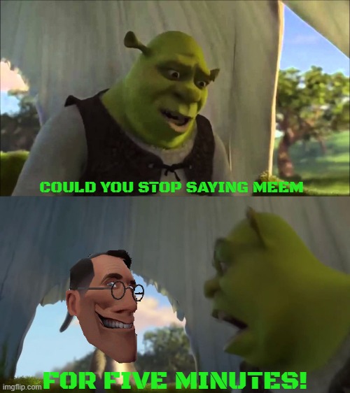 shrek wants medic to stop saying meem | COULD YOU STOP SAYING MEEM; FOR FIVE MINUTES! | image tagged in shrek five minutes,team fortress 2,memes | made w/ Imgflip meme maker