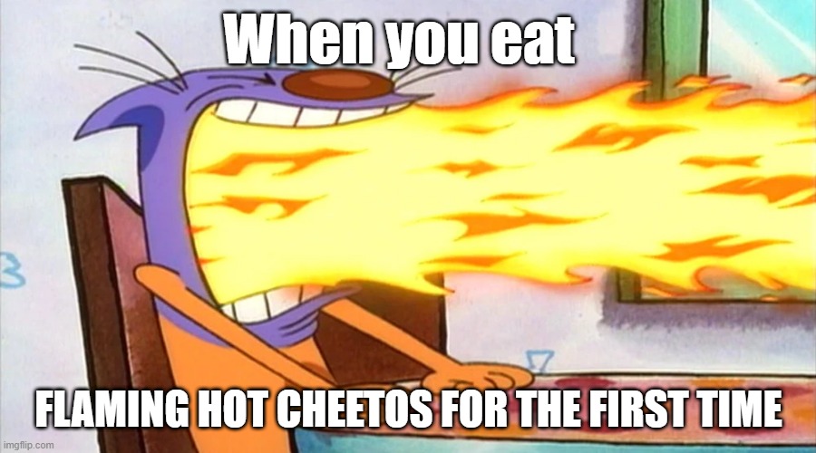 Hot Potato chips | When you eat; FLAMING HOT CHEETOS FOR THE FIRST TIME | image tagged in cat breathing fire,catdog,cheetos,nickelodeon | made w/ Imgflip meme maker