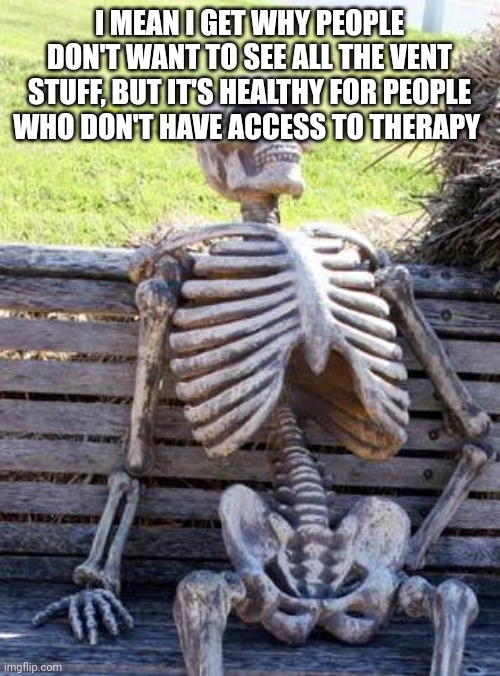 Therapy is expensive as fuck, like 150 an hour is fucking crazy | I MEAN I GET WHY PEOPLE DON'T WANT TO SEE ALL THE VENT STUFF, BUT IT'S HEALTHY FOR PEOPLE WHO DON'T HAVE ACCESS TO THERAPY | image tagged in memes,waiting skeleton | made w/ Imgflip meme maker