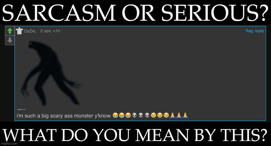 @OsDe I'm Confused. You're Words Sound Sarcastic But Your Emojis Say You're Serious... | SARCASM OR SERIOUS? WHAT DO YOU MEAN BY THIS? | image tagged in i have no idea what this means,my social skills are rusty,i dont know how to read people sometimes | made w/ Imgflip meme maker
