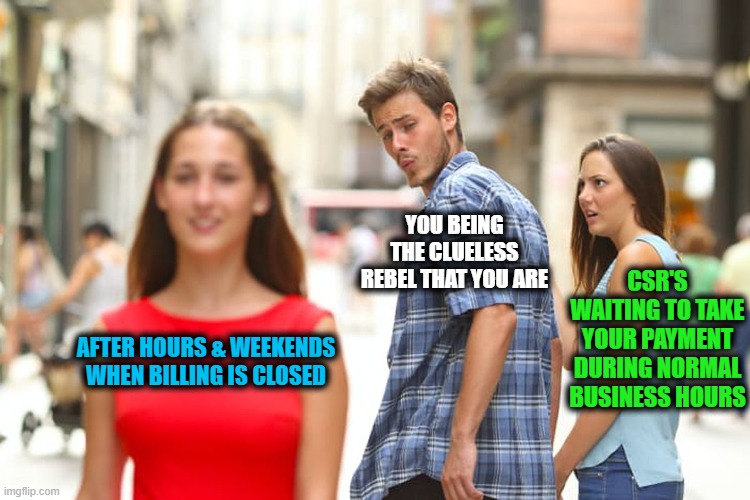 Pay the dam bill | YOU BEING THE CLUELESS REBEL THAT YOU ARE; CSR'S WAITING TO TAKE YOUR PAYMENT DURING NORMAL BUSINESS HOURS; AFTER HOURS & WEEKENDS WHEN BILLING IS CLOSED | image tagged in memes,distracted boyfriend,be like bill,pay,pay attention | made w/ Imgflip meme maker