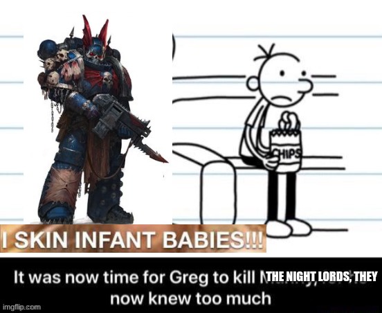 It was now time for Greg to kill manny, for he now knew too much | THE NIGHT LORDS, THEY | image tagged in it was now time for greg to kill manny for he now knew too much | made w/ Imgflip meme maker