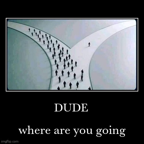 DUDE | where are you going | image tagged in funny,demotivationals | made w/ Imgflip demotivational maker