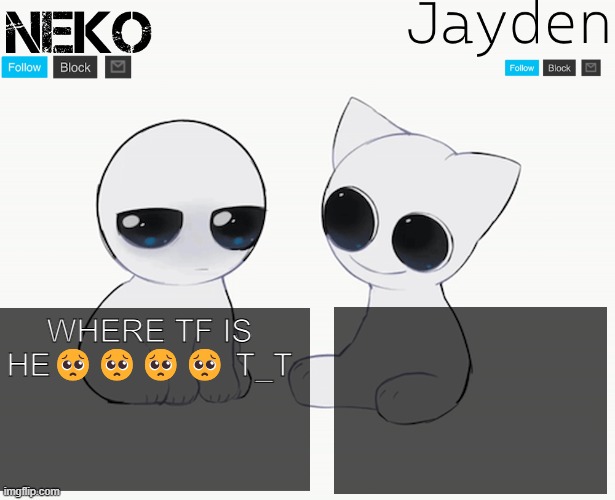 Jayden and Neko shared temp | WHERE TF IS HE🥺🥺🥺🥺 T_T | image tagged in jayden and neko shared temp | made w/ Imgflip meme maker