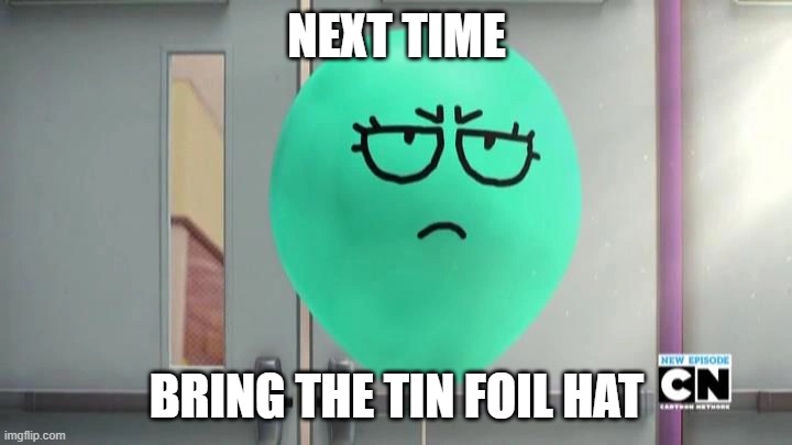 Alan is not amused | NEXT TIME BRING THE TIN FOIL HAT | image tagged in alan is not amused | made w/ Imgflip meme maker