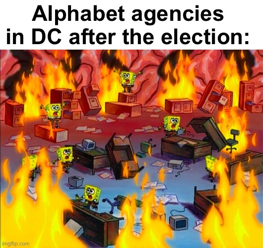 Shredders are a hard find in DC these days | Alphabet agencies in DC after the election: | image tagged in spongebob's mind on fire,politics lol,memes | made w/ Imgflip meme maker