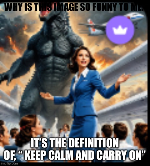 Ignore the purple thing in the corner (Gojistudios note: GET OU-) | WHY IS THIS IMAGE SO FUNNY TO ME. IT’S THE DEFINITION OF, “ KEEP CALM AND CARRY ON” | image tagged in godzilla,ai | made w/ Imgflip meme maker