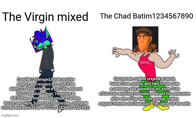 The virgin mixed vs the chad batim1234567890 | image tagged in the virgin mixed vs the chad batim1234567890 | made w/ Imgflip meme maker