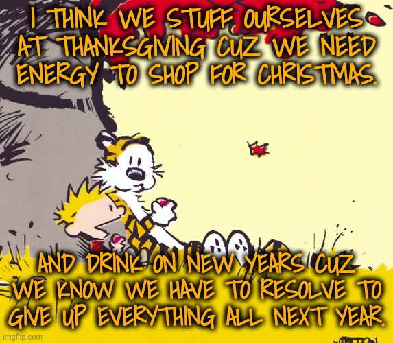 Did you hear the one about | I THINK WE STUFF OURSELVES AT THANKSGIVING CUZ WE NEED ENERGY TO SHOP FOR CHRISTMAS. AND DRINK ON NEW YEARS CUZ WE KNOW WE HAVE TO RESOLVE T | image tagged in did you hear the one about | made w/ Imgflip meme maker