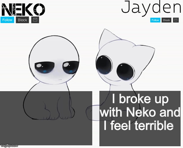 :/ | I broke up with Neko and I feel terrible | image tagged in jayden and neko shared temp | made w/ Imgflip meme maker