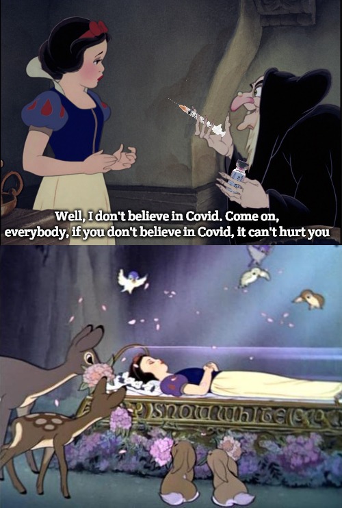 Sleeping Beauty | Well, I don't believe in Covid. Come on, everybody, if you don't believe in Covid, it can't hurt you | image tagged in snow white covid vax,slavic | made w/ Imgflip meme maker