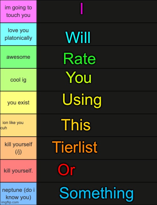 scott's tier list or some shit | I; Will; Rate; You; Using; This; Tierlist; Or; Something | image tagged in scott's tier list or some shit | made w/ Imgflip meme maker