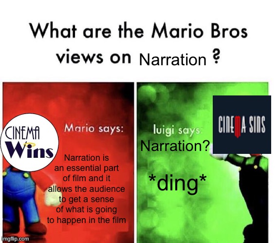 Movie reviewing channels on YouTube be like (don’t watch CinemaSins, it’s slop) | Narration; Narration is an essential part of film and it allows the audience to get a sense of what is going to happen in the film; Narration? *ding* | image tagged in mario bros views | made w/ Imgflip meme maker