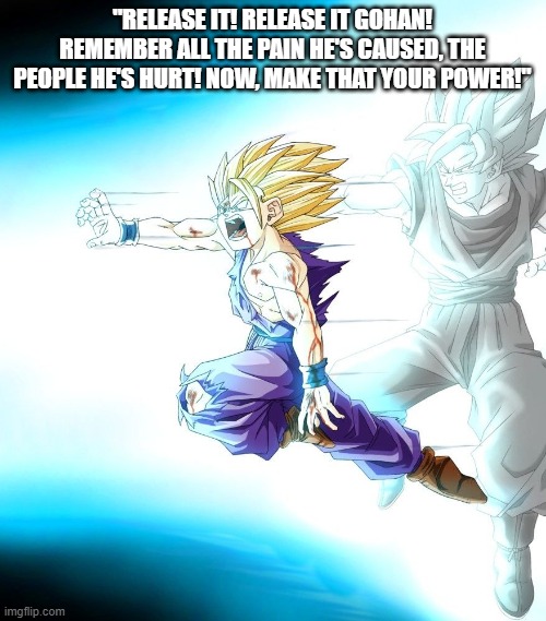 Father-Son Kamehameha | "RELEASE IT! RELEASE IT GOHAN! REMEMBER ALL THE PAIN HE'S CAUSED, THE PEOPLE HE'S HURT! NOW, MAKE THAT YOUR POWER!" | image tagged in father-son kamehameha | made w/ Imgflip meme maker