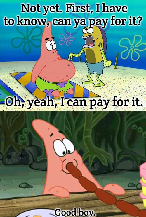 pay for it | Not yet. First, I have to know, can ya pay for it? Oh, yeah, I can pay for it. Good boy. | image tagged in spongebob | made w/ Imgflip meme maker