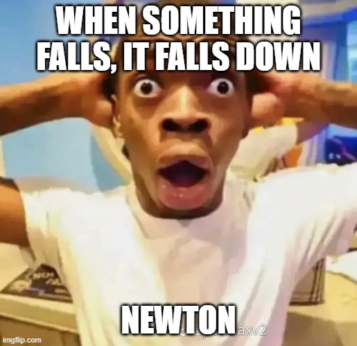 Never could of thought of that ! | WHEN SOMETHING FALLS, IT FALLS DOWN; NEWTON | image tagged in shocked black guy,funny,fun,newton | made w/ Imgflip meme maker