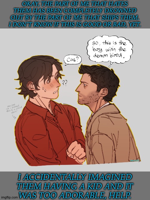 I'm Officially A Sastiel Shipper, Now.... (My Younger Self Would Smite Me) | OKAY, THE PART OF ME THAT HATES
THEM HAS BEEN COMPLETELY DROWNED
OUT BY THE PART OF ME THAT SHIPS THEM.
I DON'T KNOW IF THIS IS GOOD OR BAD, YET. I ACCIDENTALLY IMAGINED
THEM HAVING A KID AND IT
WAS TOO ADORABLE, HELP. | image tagged in sam winchester,jared padalecki,castiel,misha collins,supernatural,unconventional ship | made w/ Imgflip meme maker