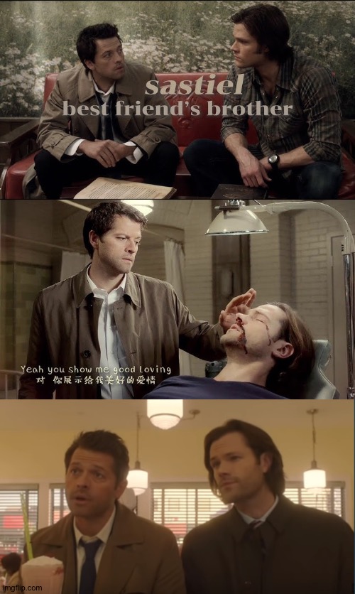 Adorable Images Of These Two | image tagged in sastiel,sam winchester,jared padalecki,castiel,misha collins,supernatural | made w/ Imgflip meme maker