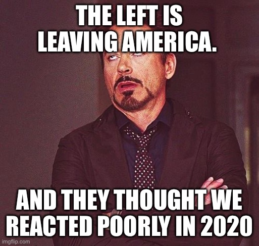 Hello | THE LEFT IS LEAVING AMERICA. AND THEY THOUGHT WE REACTED POORLY IN 2020 | image tagged in robert downey jr annoyed,politics,real | made w/ Imgflip meme maker