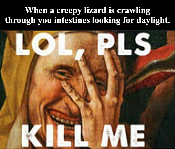 does it tickle? | When a creepy lizard is crawling through you intestines looking for daylight. | image tagged in memes,dark humor,lizard | made w/ Imgflip meme maker