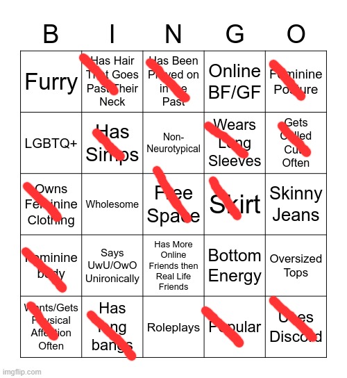 femboy bingo except im a straight girl since birth | image tagged in femboy bingo | made w/ Imgflip meme maker